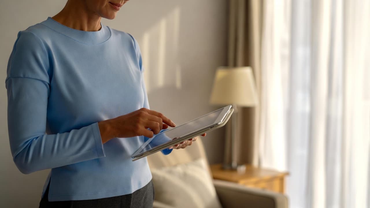 Caregiver using work time software on tablet