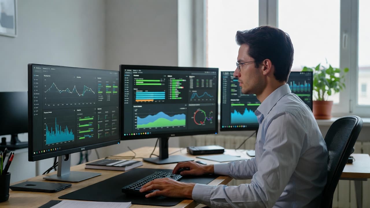 System administrator working with multiple monitors