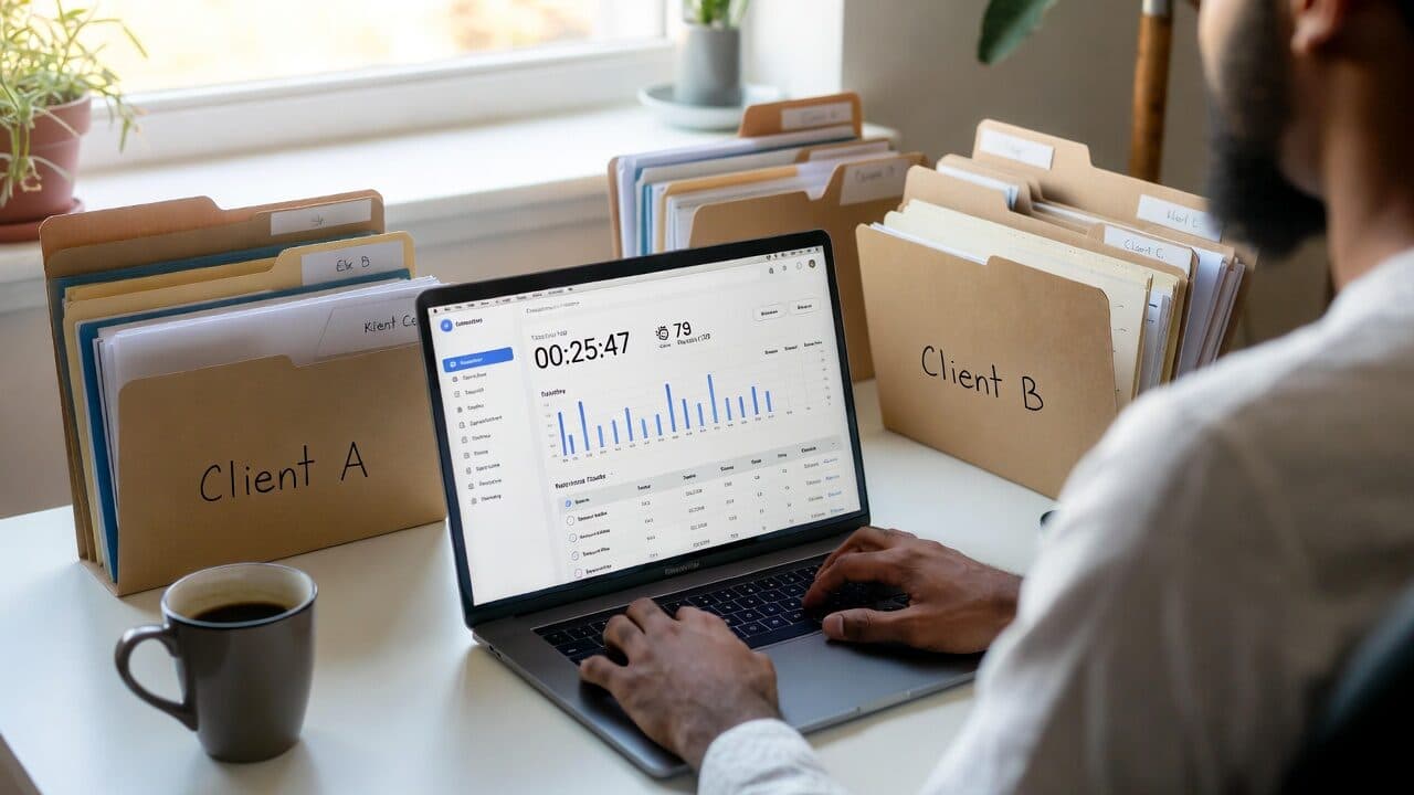 Freelancer efficiently tracking working hours for multiple clients at desk