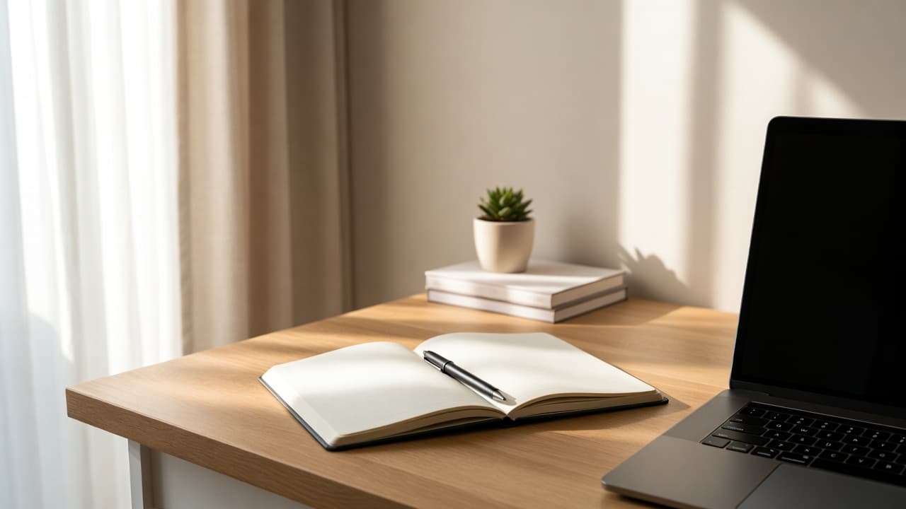 Minimalist workspace with notebook and laptop for work time tracking