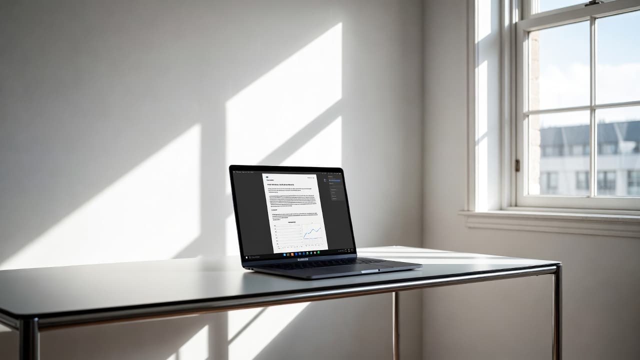 Desk setup with laptop showing work time tracking PDF