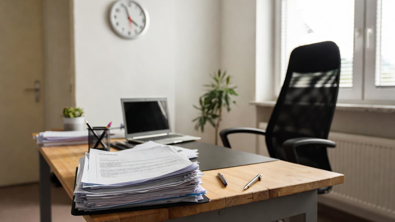 Office desk with documents and laptop for time tracking