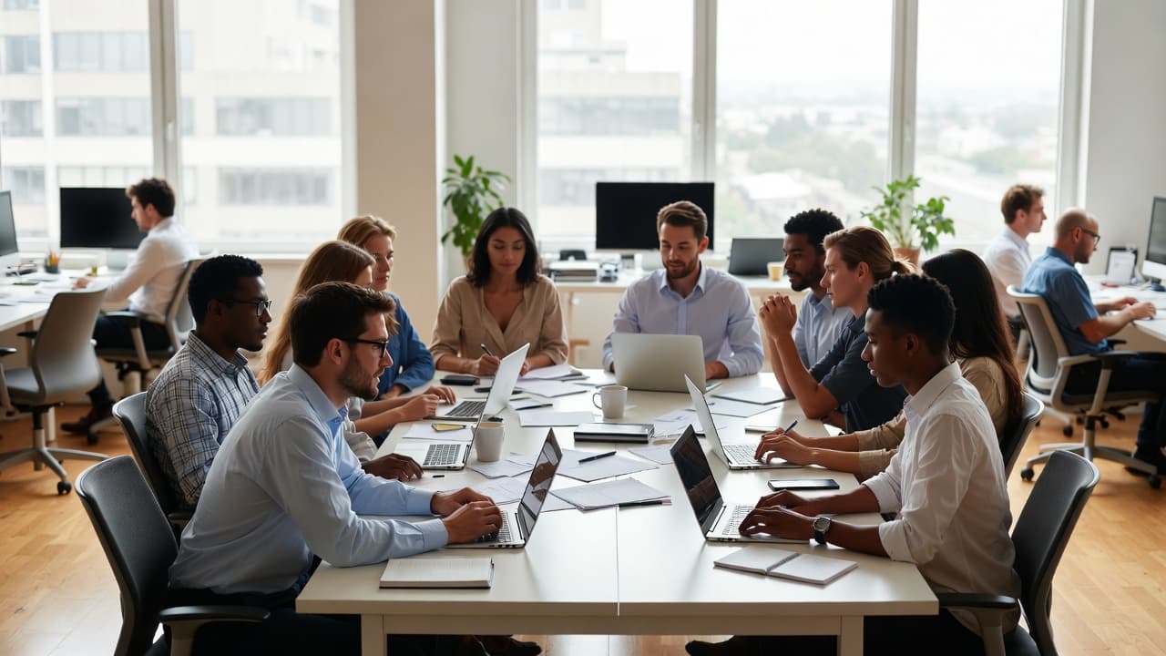 Agency team collaborating in a bright workspace