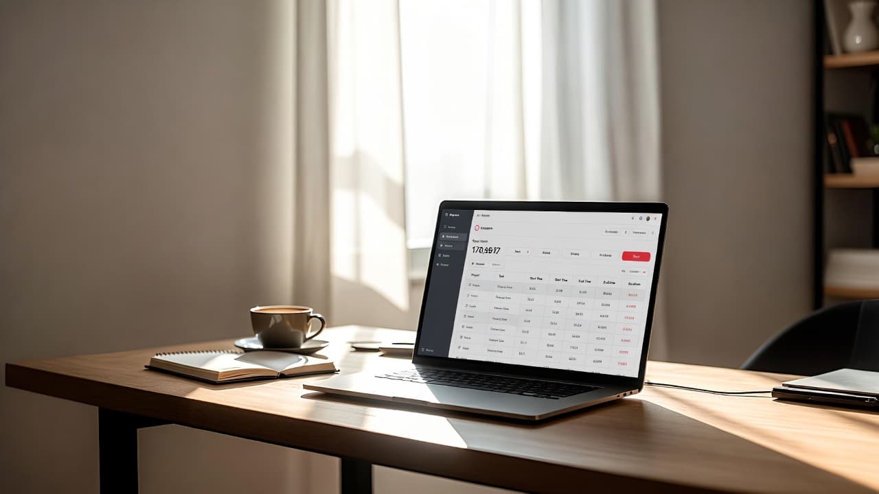 Minimalist workspace with laptop and time tracking app