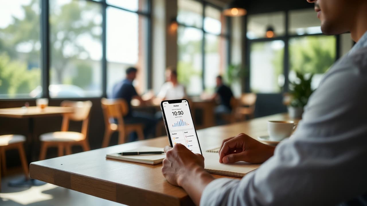 Smartphone showing a time tracking app on a cafe table