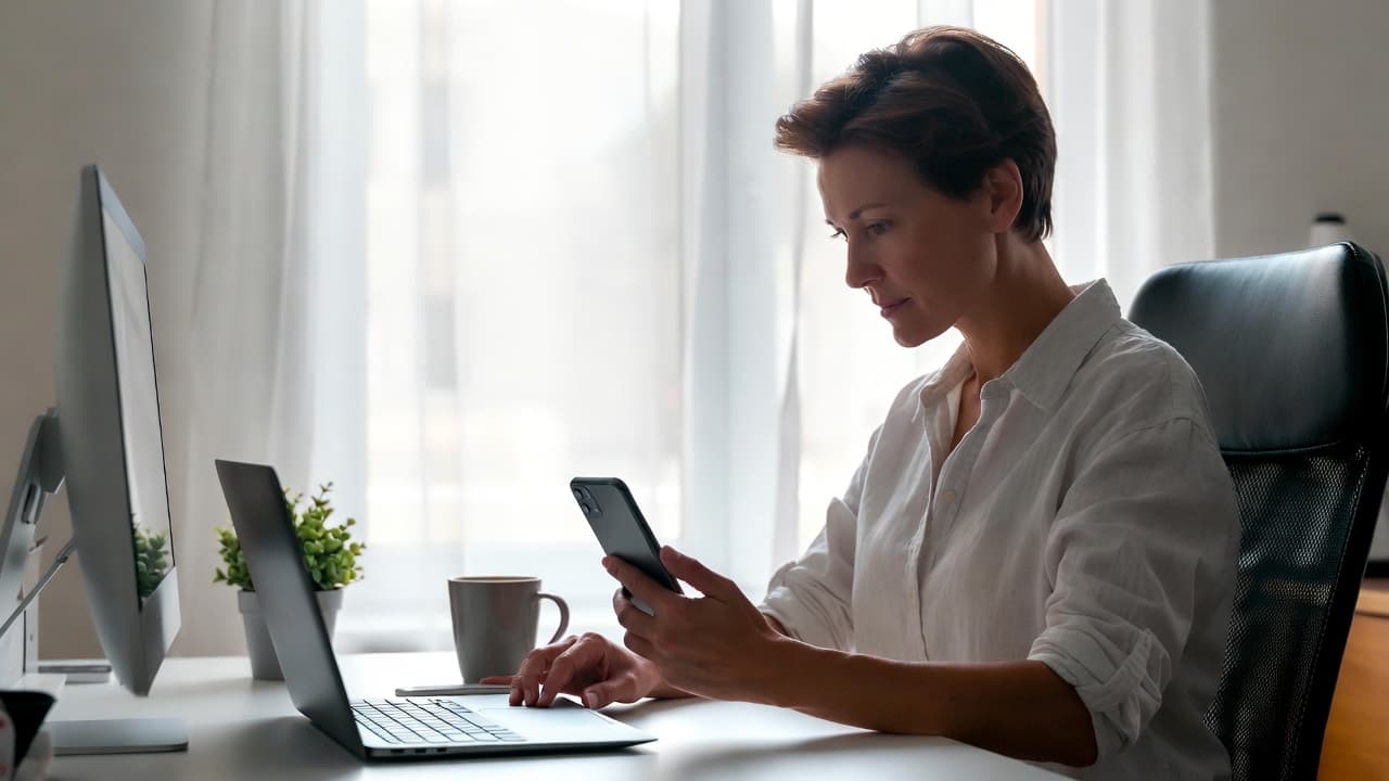 Person using iPhone for time tracking in bright workspace