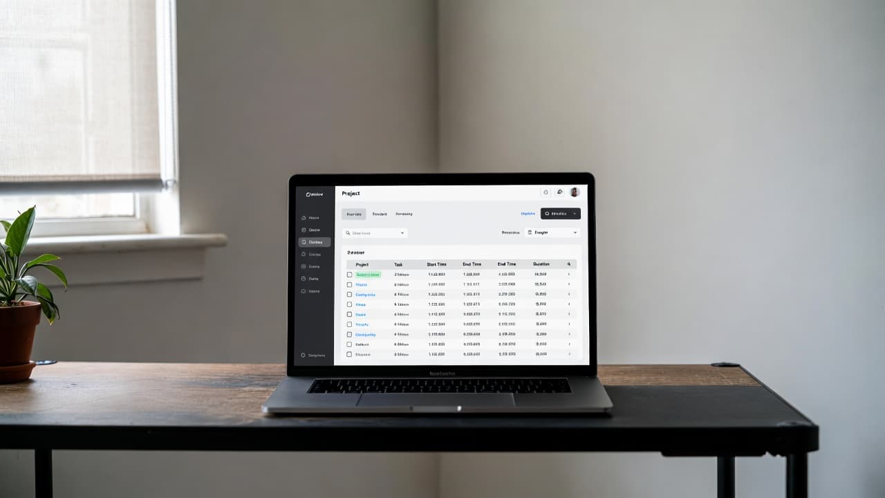 Laptop showing time tracking dashboard in a bright home office