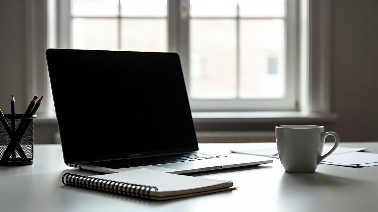 Modern office desk with laptop and notebook