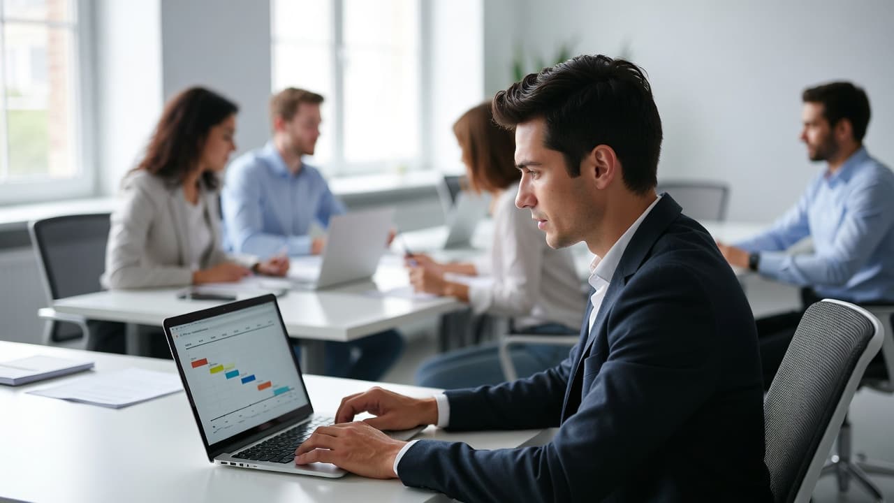 Team leader using free time tracker in modern office