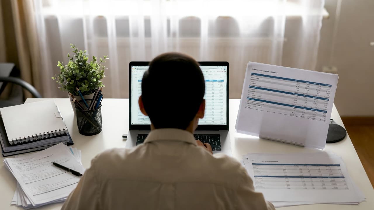 Freelancer prüft Stundenzettel-Vorlage auf dem Schreibtisch