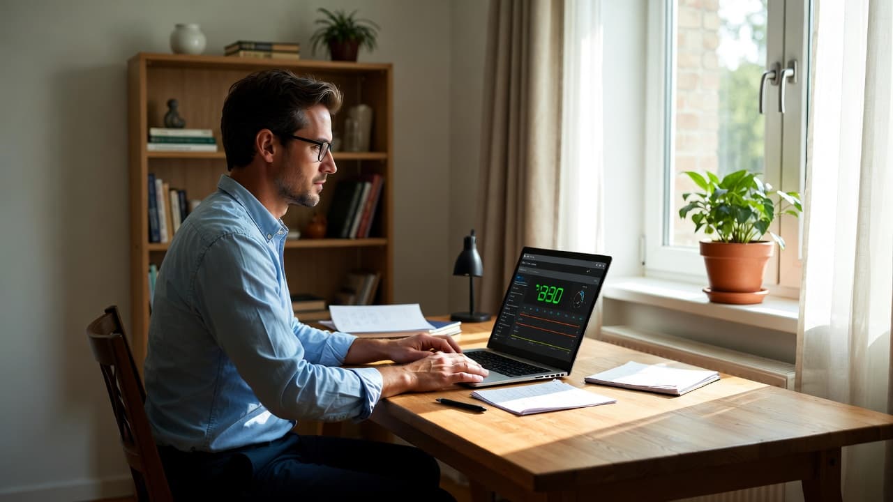 Freelancer using time tracker on laptop in home office