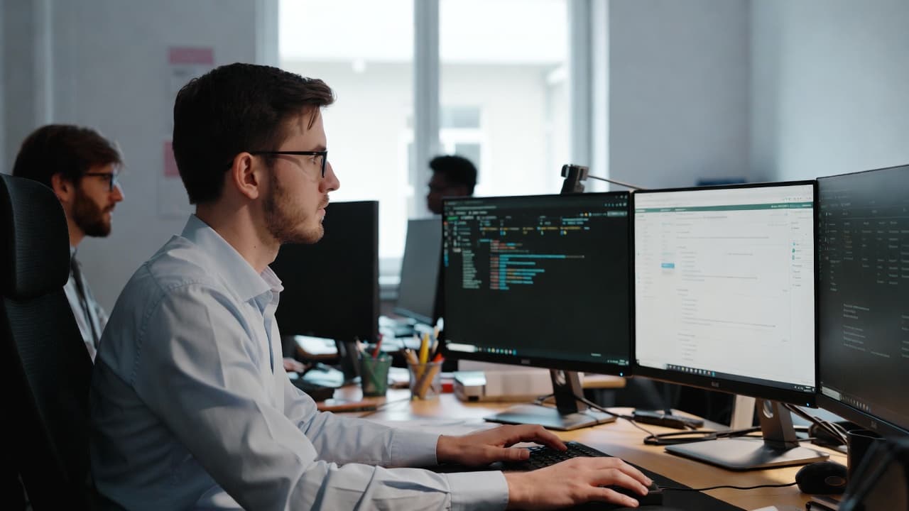 IT support specialist working with multiple monitors