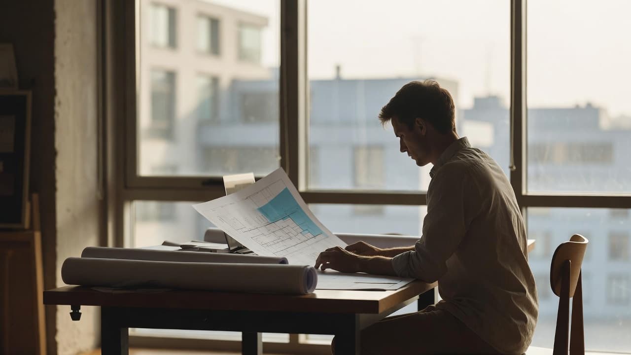 Architect working with blueprints in bright office