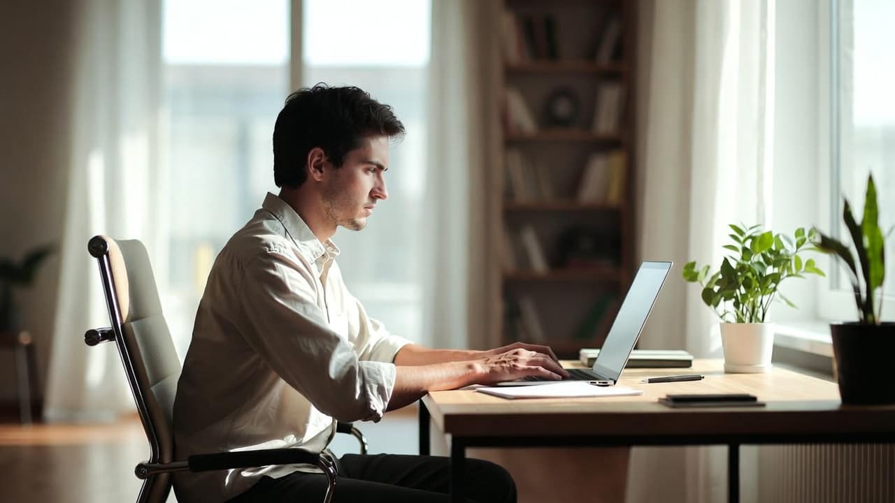 Freelancer working on laptop in bright home office