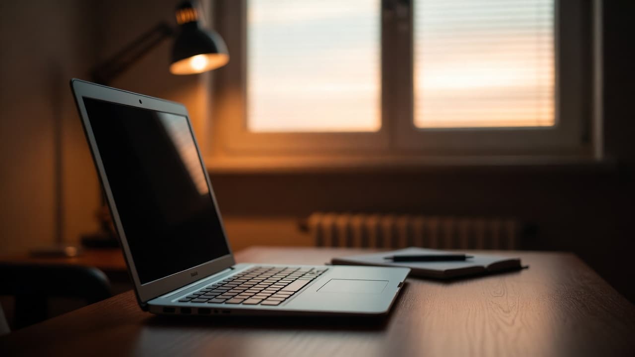 Home office scene with laptop at dusk for overtime topic