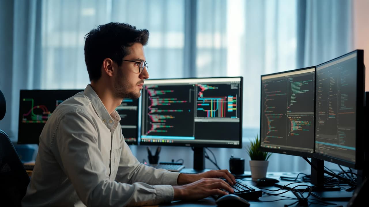 DevOps engineer working with multiple monitors