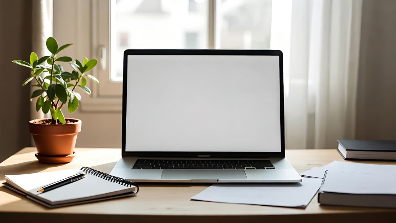 Desk with laptop and notebook in daylight