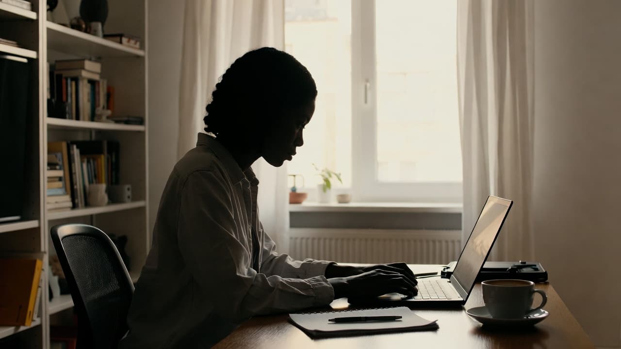 Freelancer working on laptop in bright home office