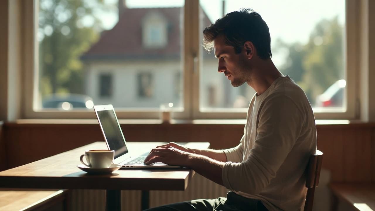 Freelancer tracking time in a café in Dessau