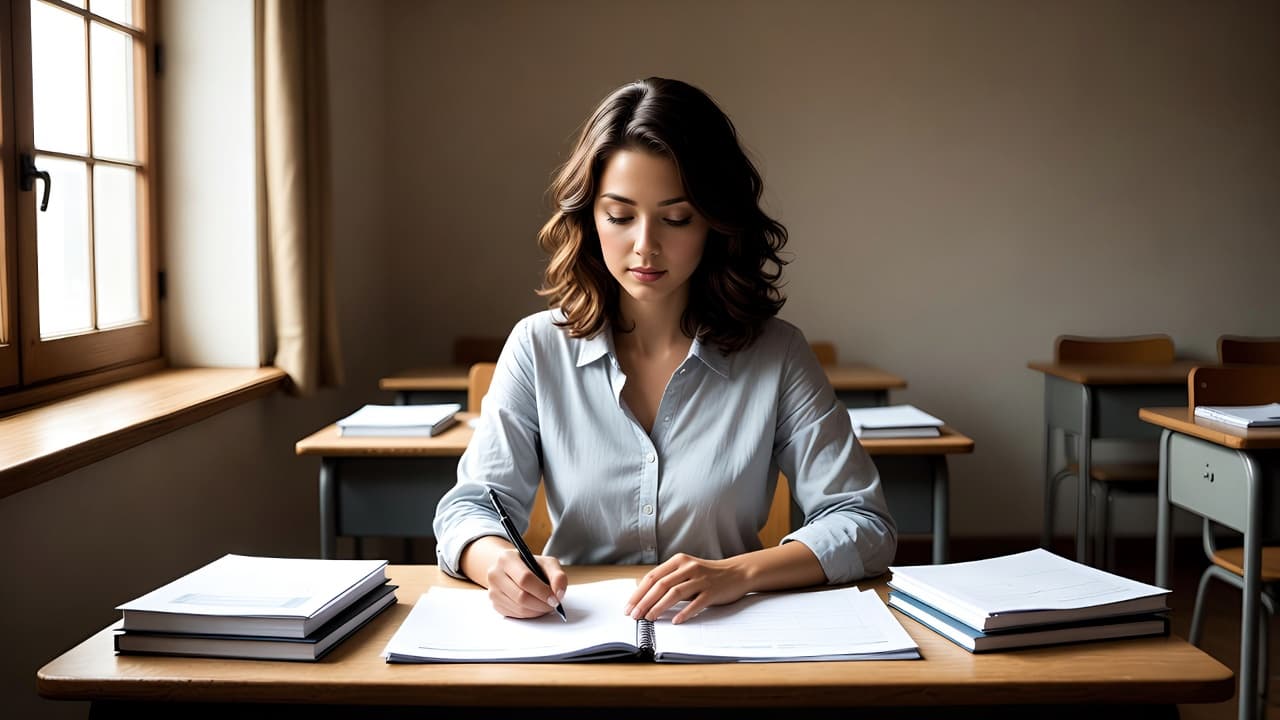 Teacher preparing in a classroom with notes and planner