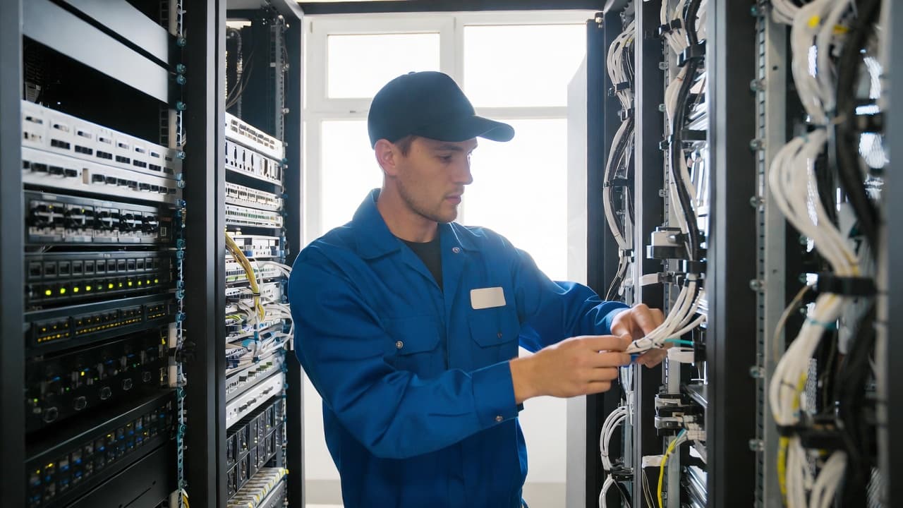 Network technician working in a server room