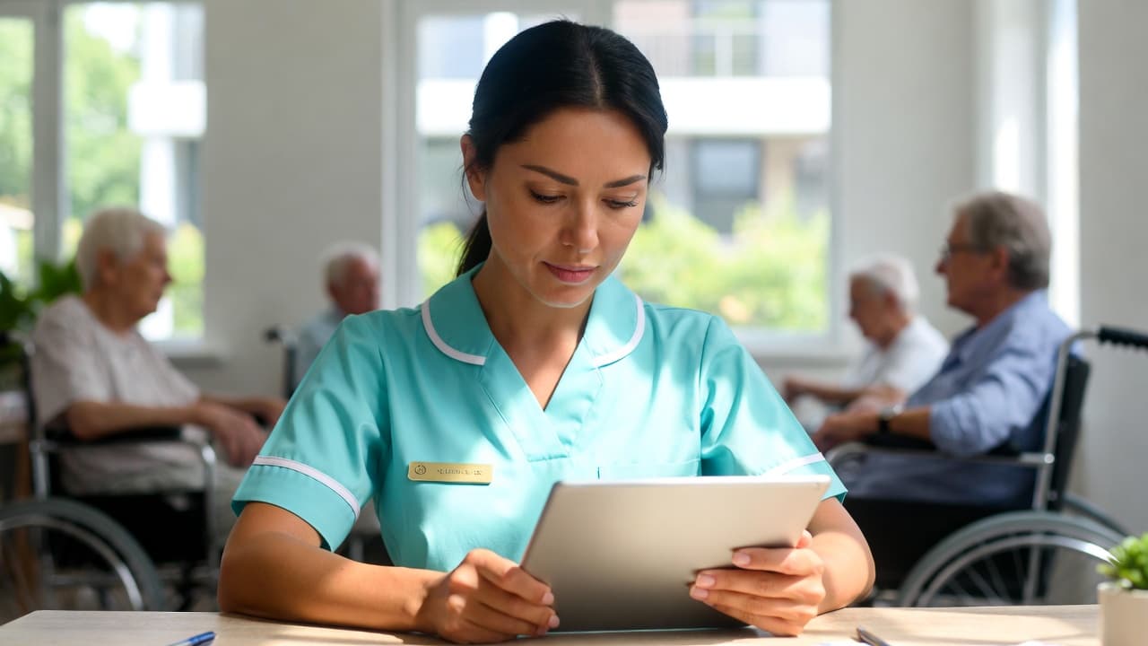 Care worker logging hours on tablet in a care facility