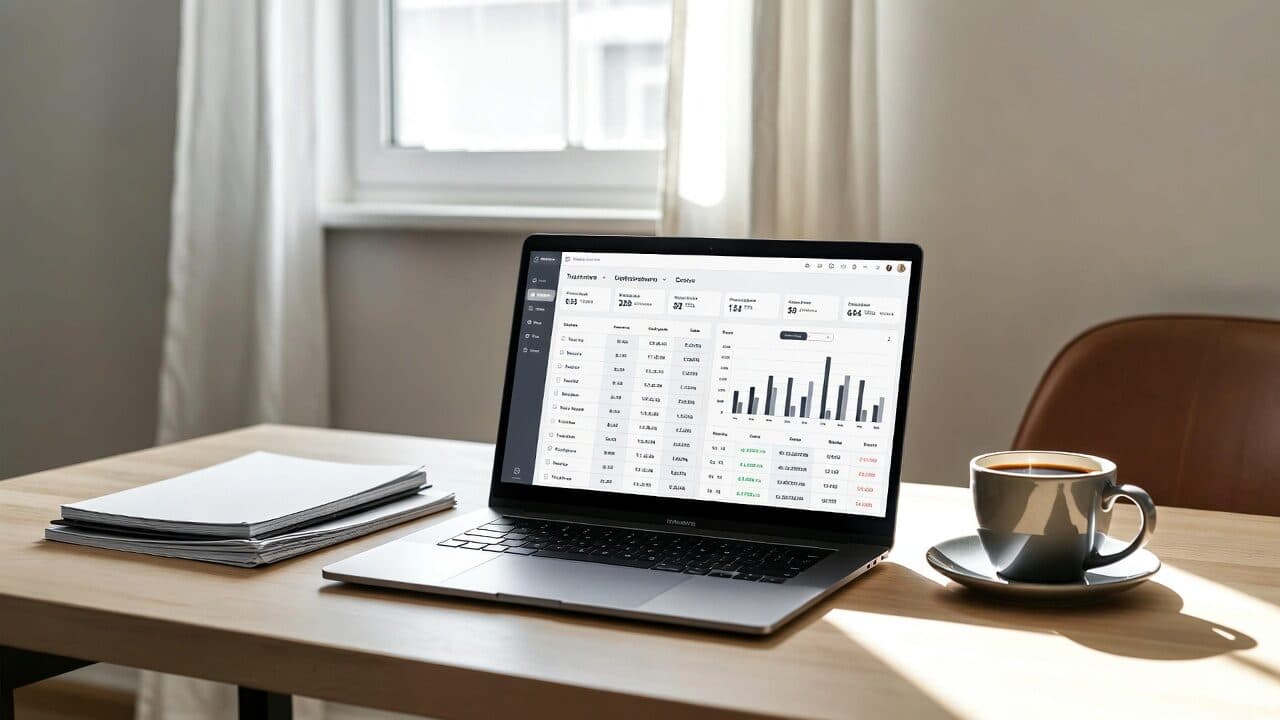 Desk with laptop and time tracking software in a bright office