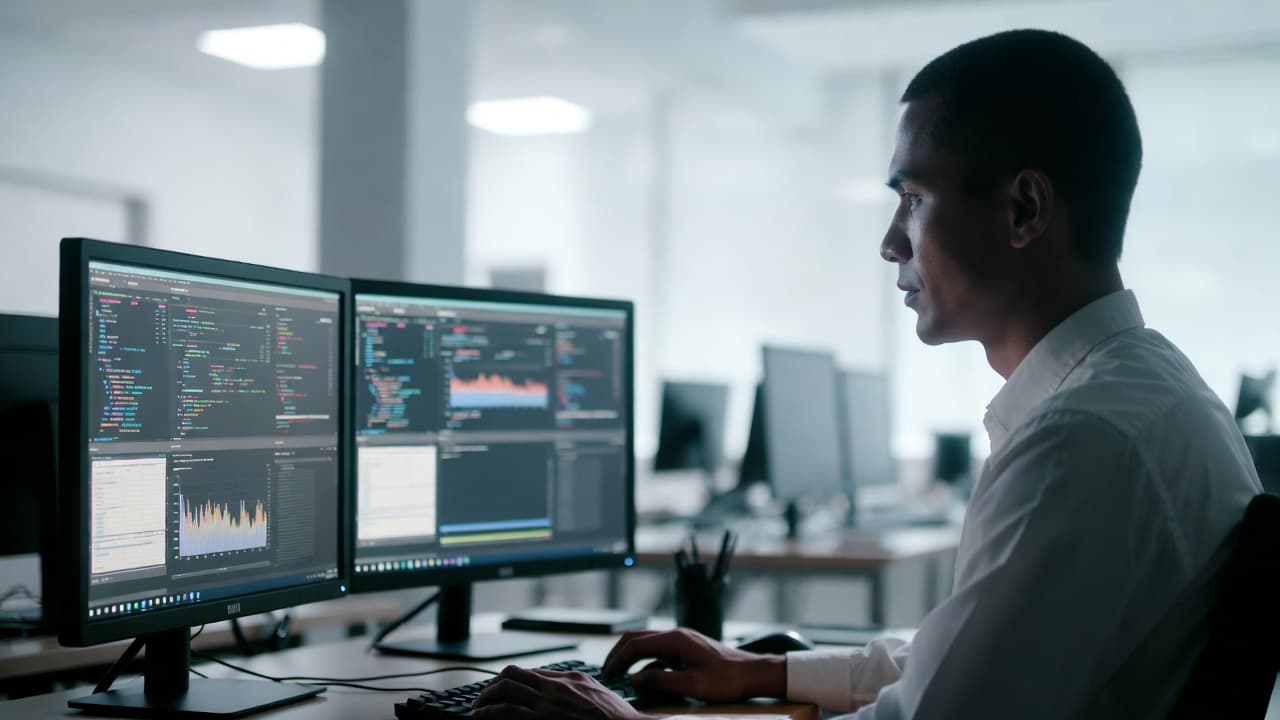 IT support specialist working with multiple monitors