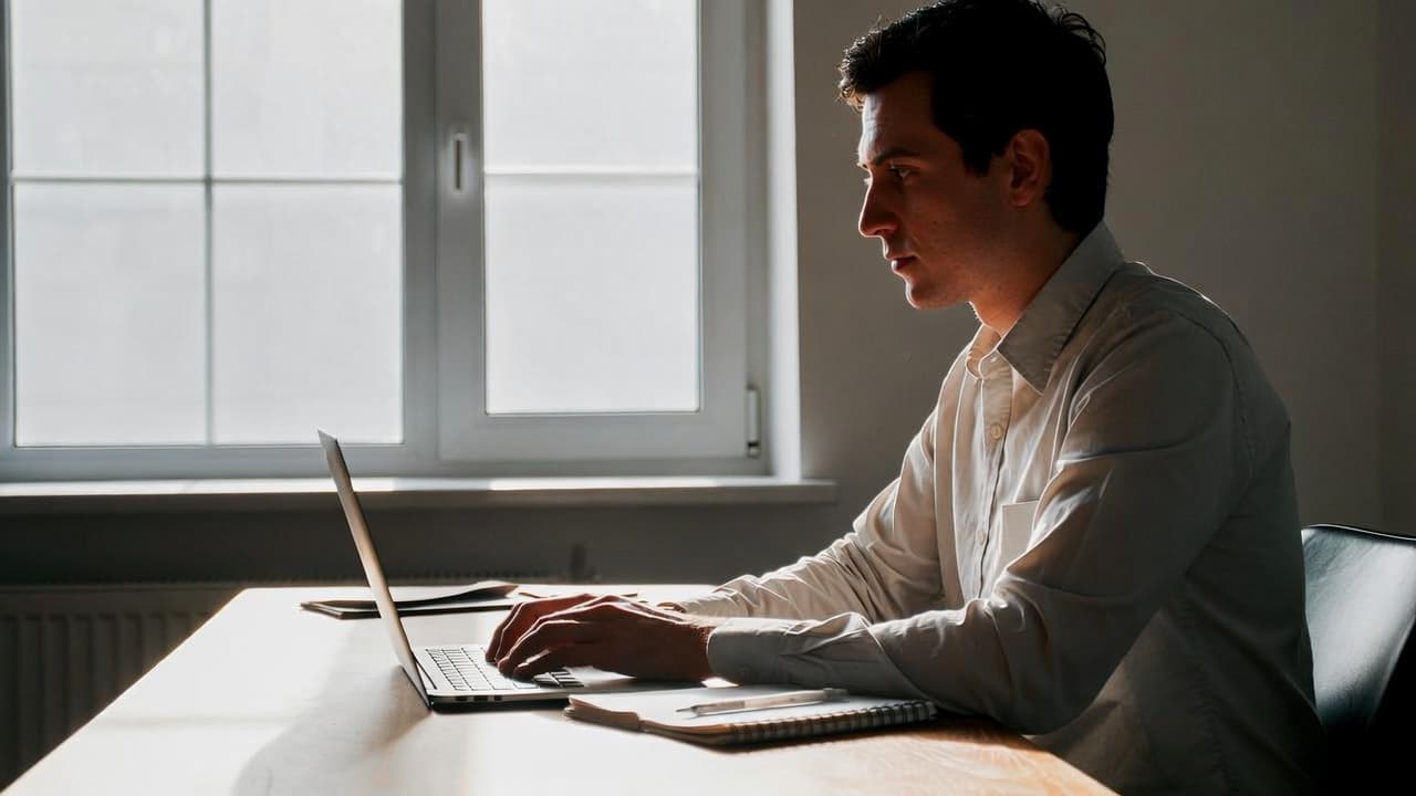 Journalist working with laptop and notebook