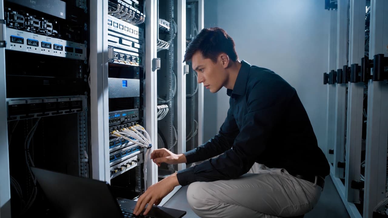 Network technician working in a server room with laptop