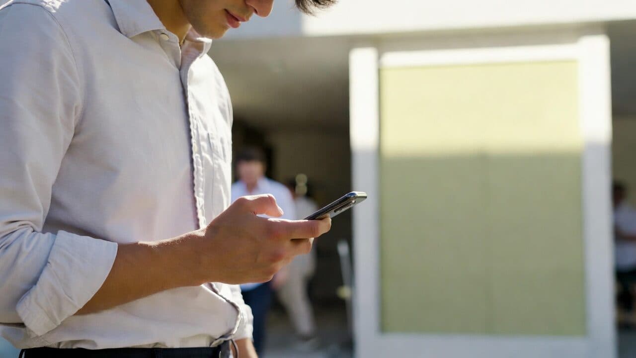 Tradesperson tracking working time on a smartphone